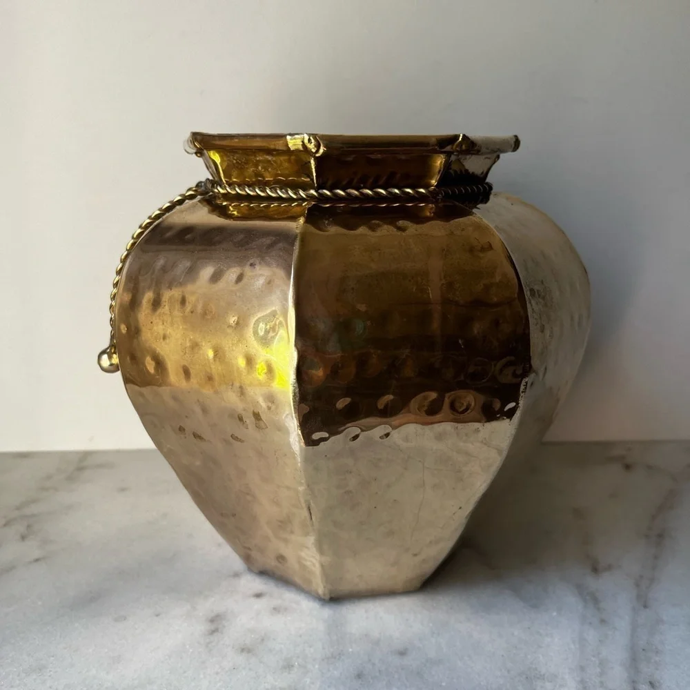 Elegant Gold Vase with Rope Detail vintage brass planter